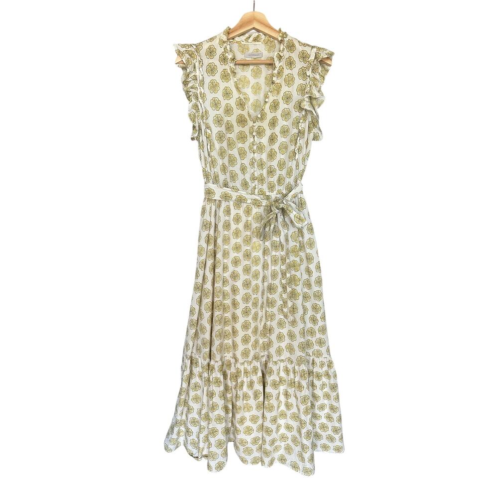 Outerknown Midi Sun Dress Yellow Flower Print Belted Ruffles Size Medium
